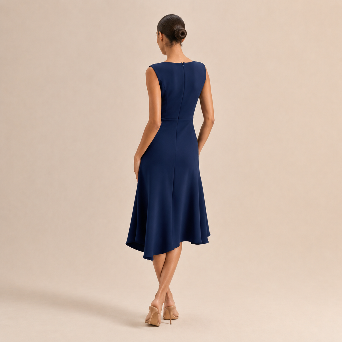 Boat Neck Sleeveless Ruched Ruffle High Low Midi Dress 3
