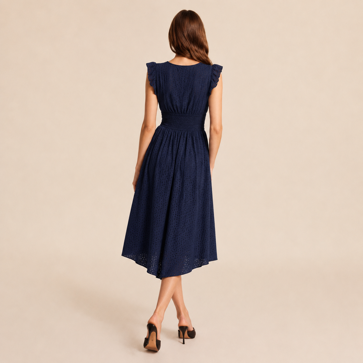 Broderie V-Neck Flutter Sleeve Shirred Waist A-Line Midi Dress 11