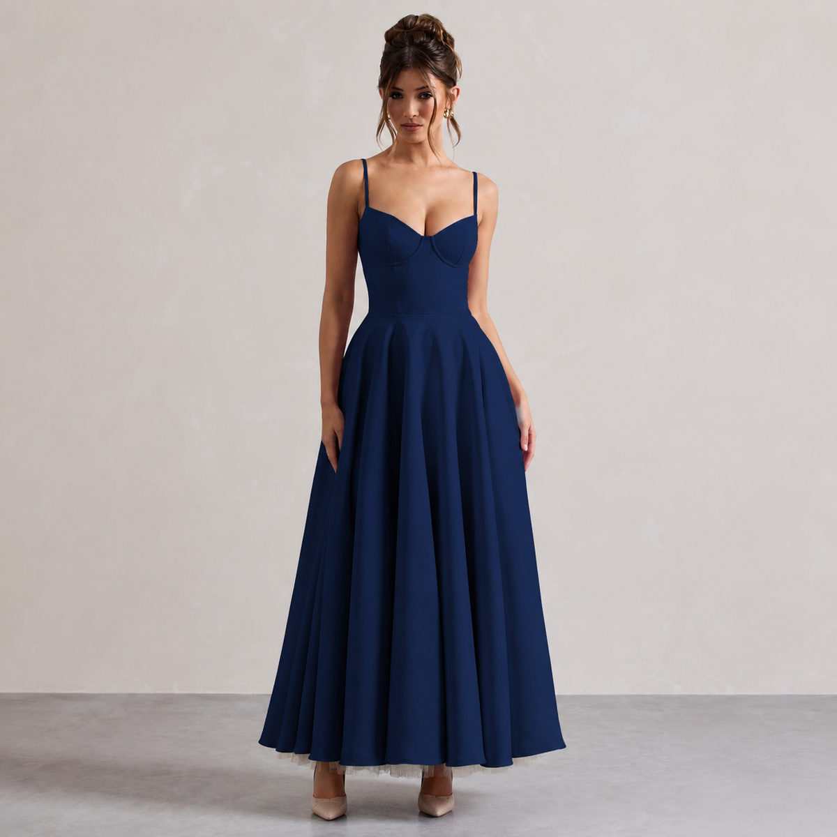 Sweetheart Cami Strap Corset A-Line Satin Midi Dress 13
