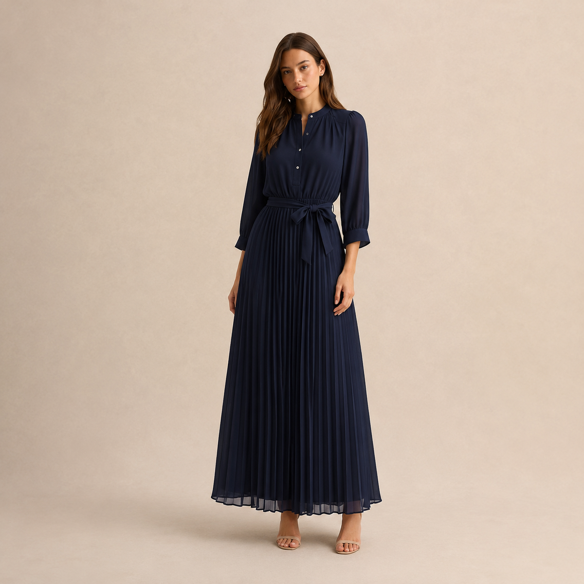 Band Collar Button Front Belted Pleated Shirt Maxi Dress 7