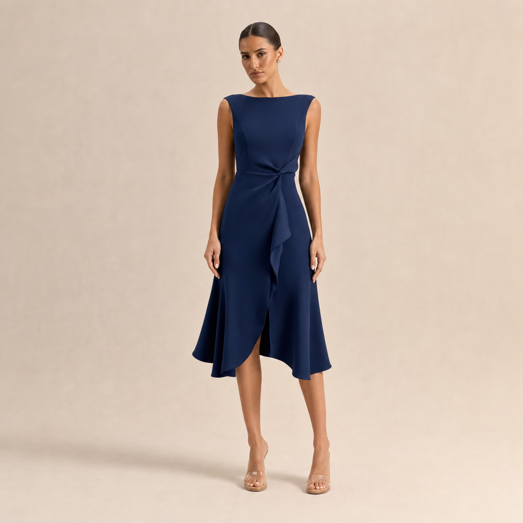 Boat Neck Sleeveless Ruched Ruffle High Low Midi Dress