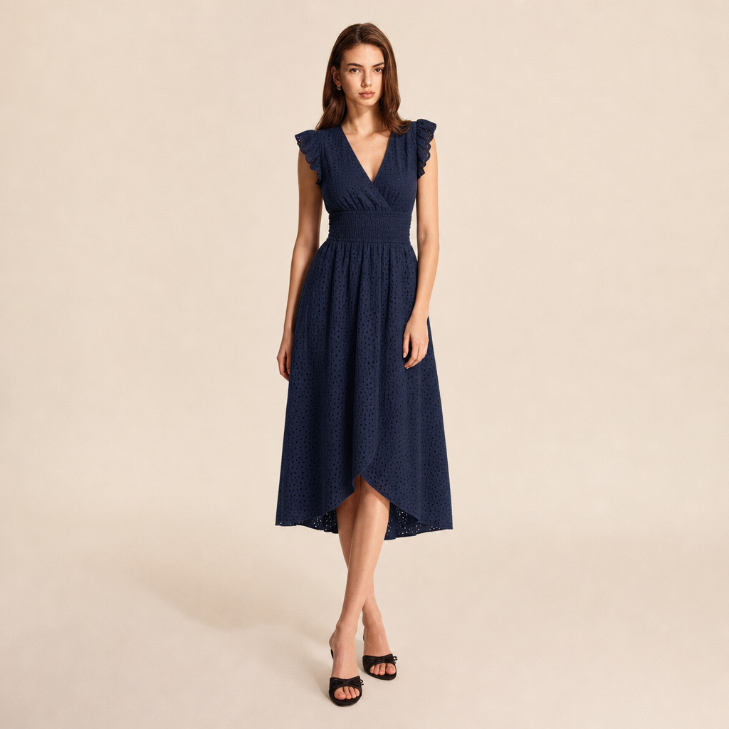 Broderie V-Neck Flutter Sleeve Shirred Waist A-Line Midi Dress 9