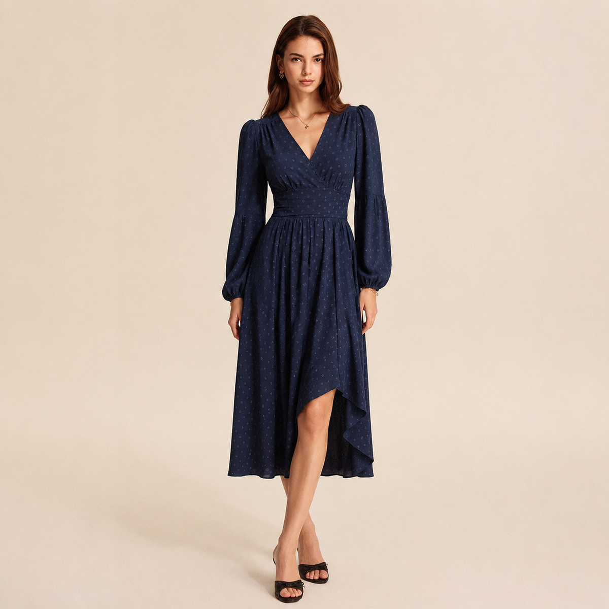 Polka Dot V-Neck Long Sleeve High Low Midi Dress