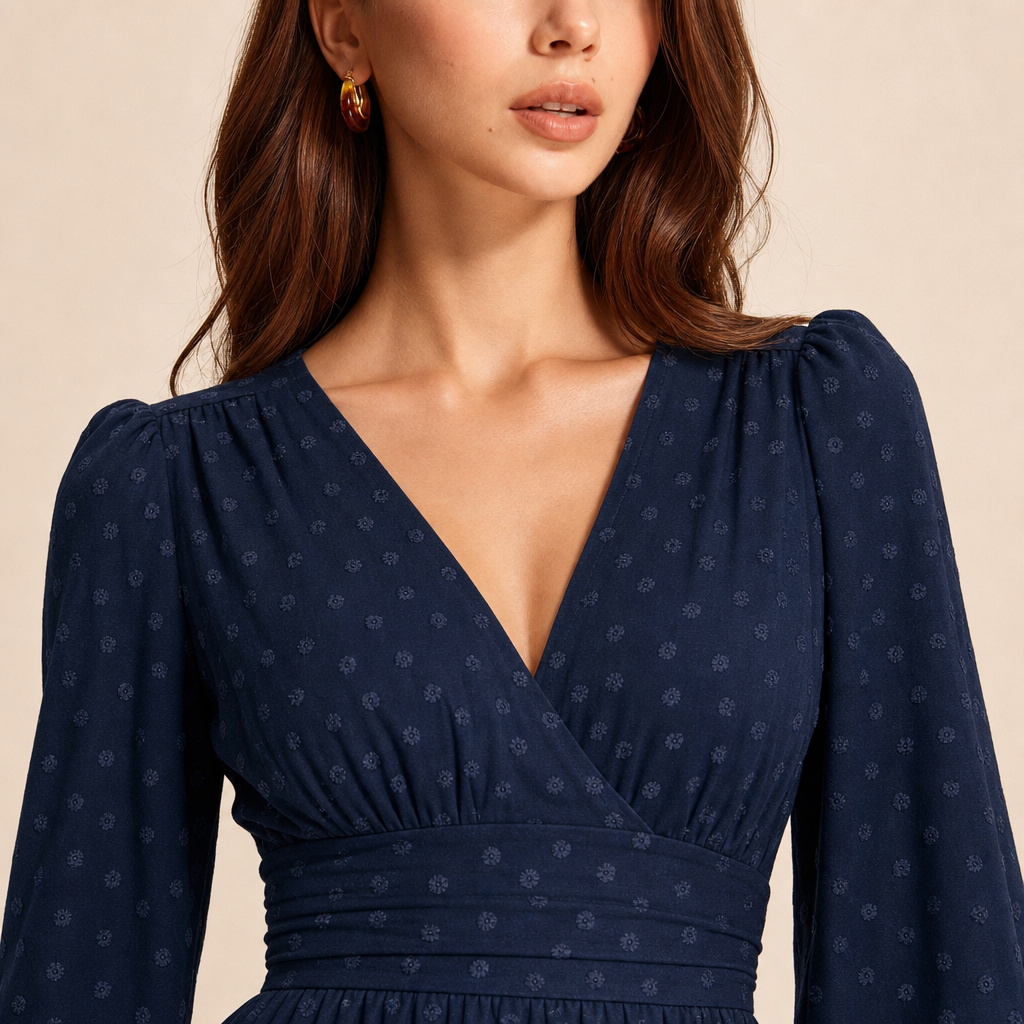 Polka Dot V-Neck Long Sleeve High Low Midi Dress 2