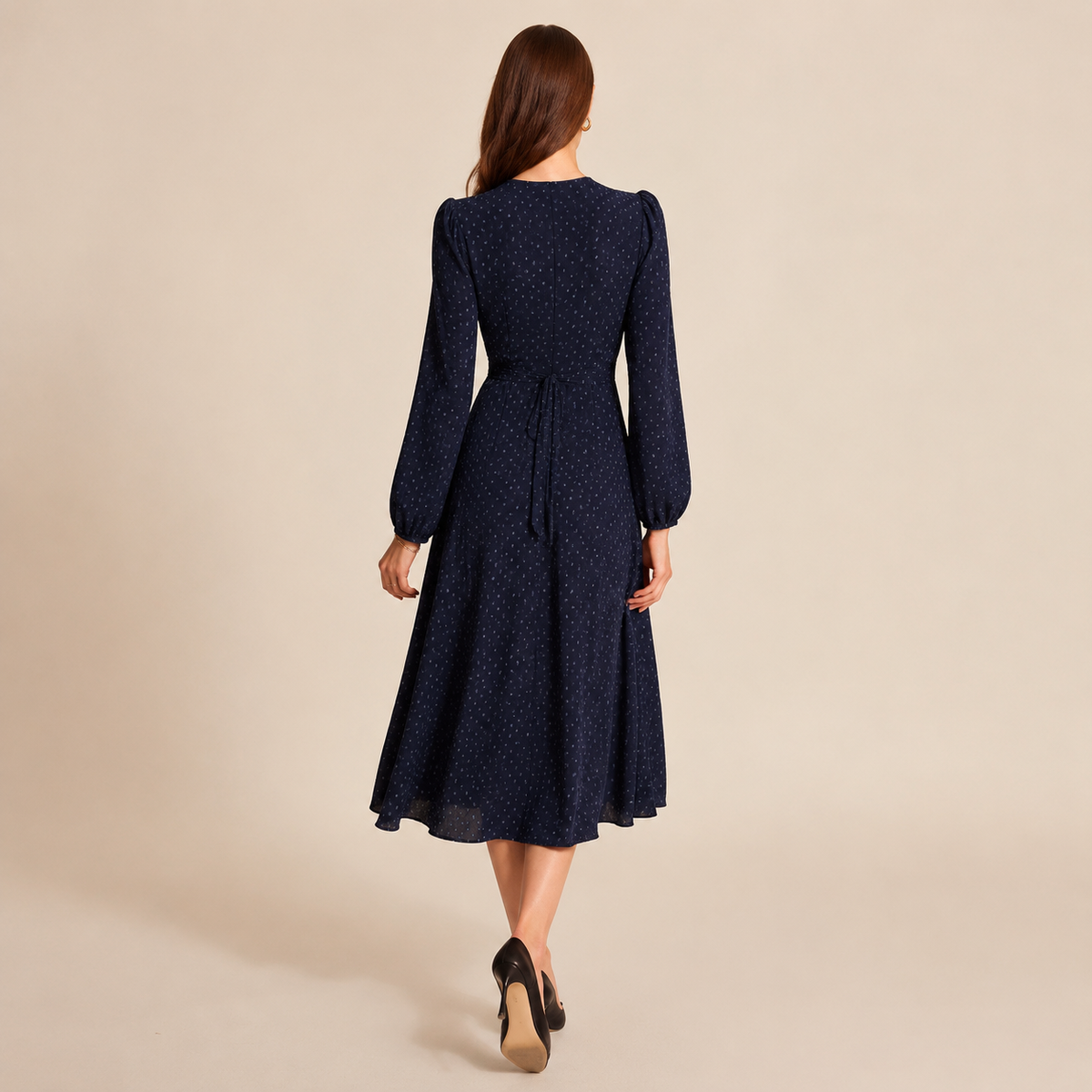 Polka Dot V-Neck Long Sleeve High Low Midi Dress 3