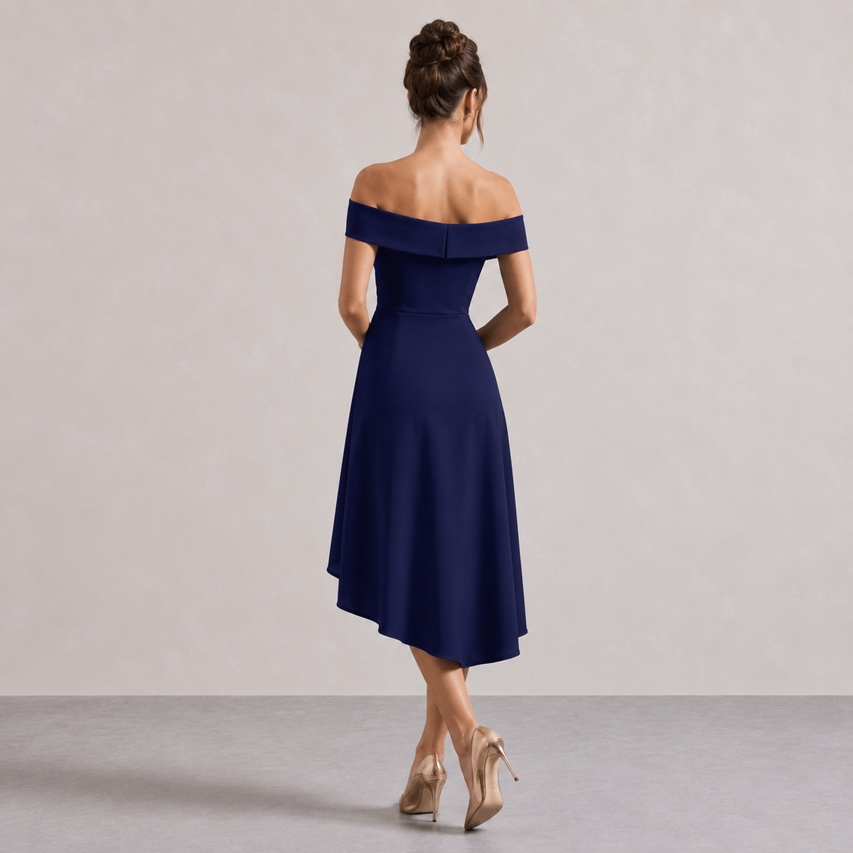 Off Shoulder High Low Asymmetric Midi Dress 15