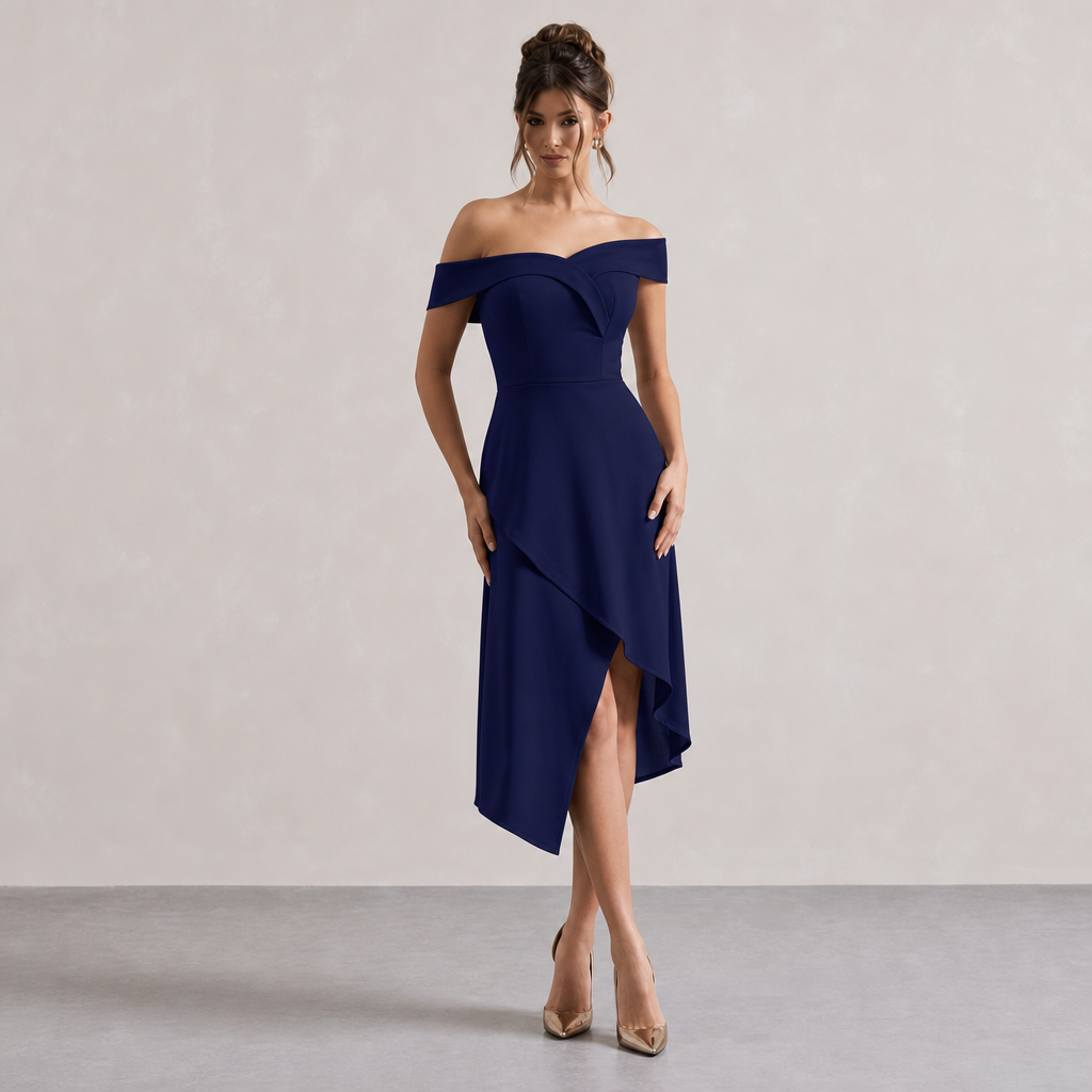 Off Shoulder High Low Asymmetric Midi Dress 13