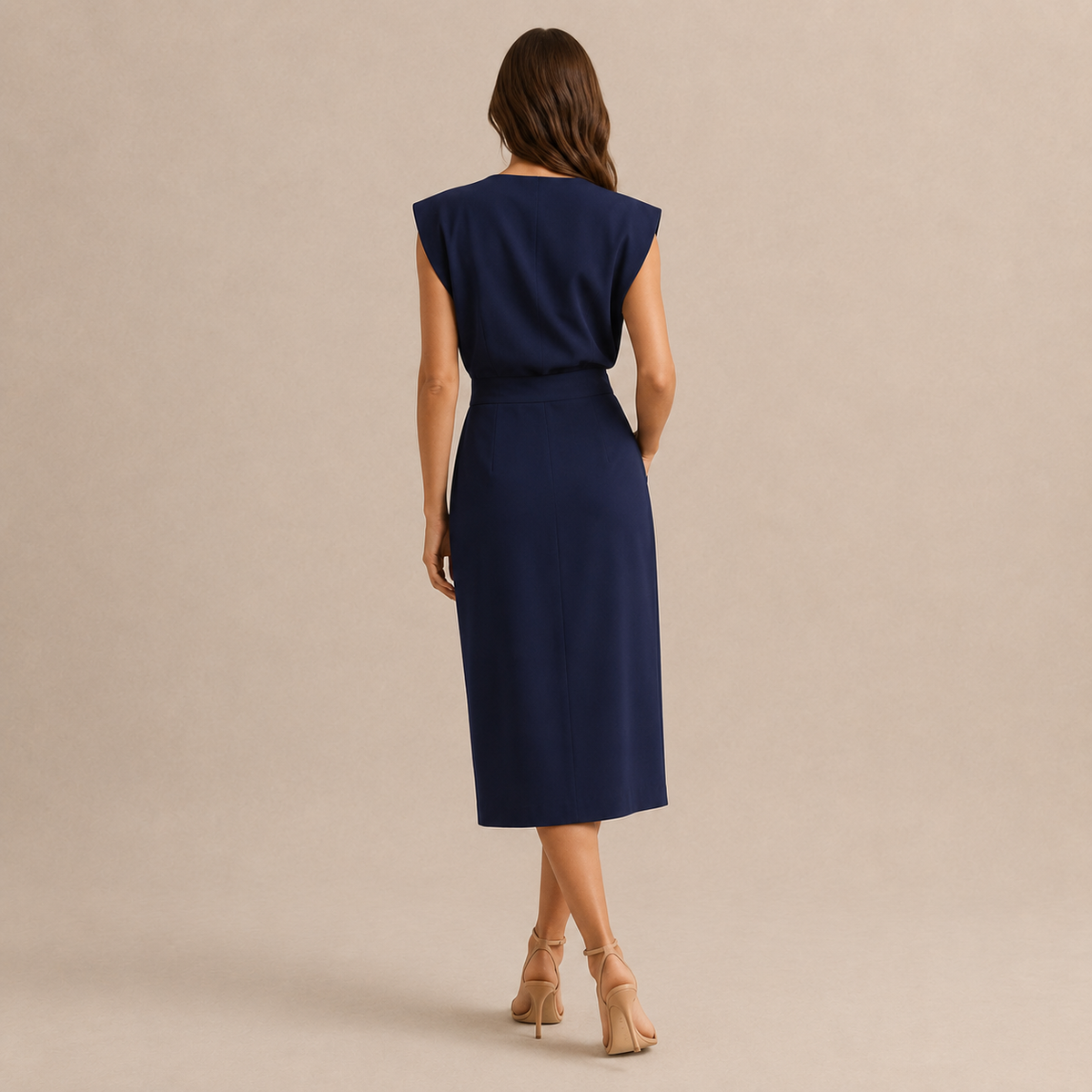 Round Neck Shoulder Pad Button Front Split Midi Dress 15