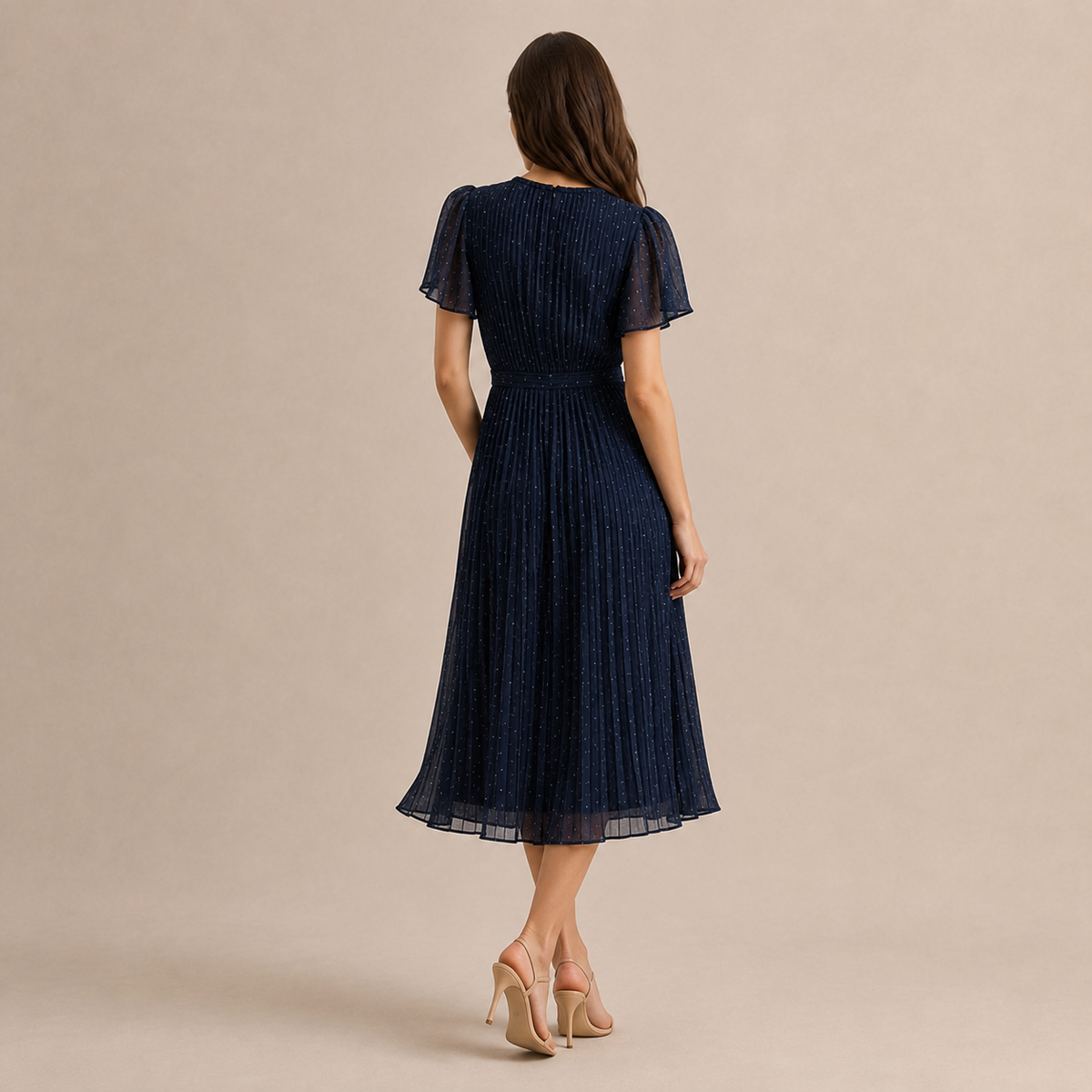 Crew Neck Flutter Sleeve Polka Dot Pleated Belted Midi Dress 3