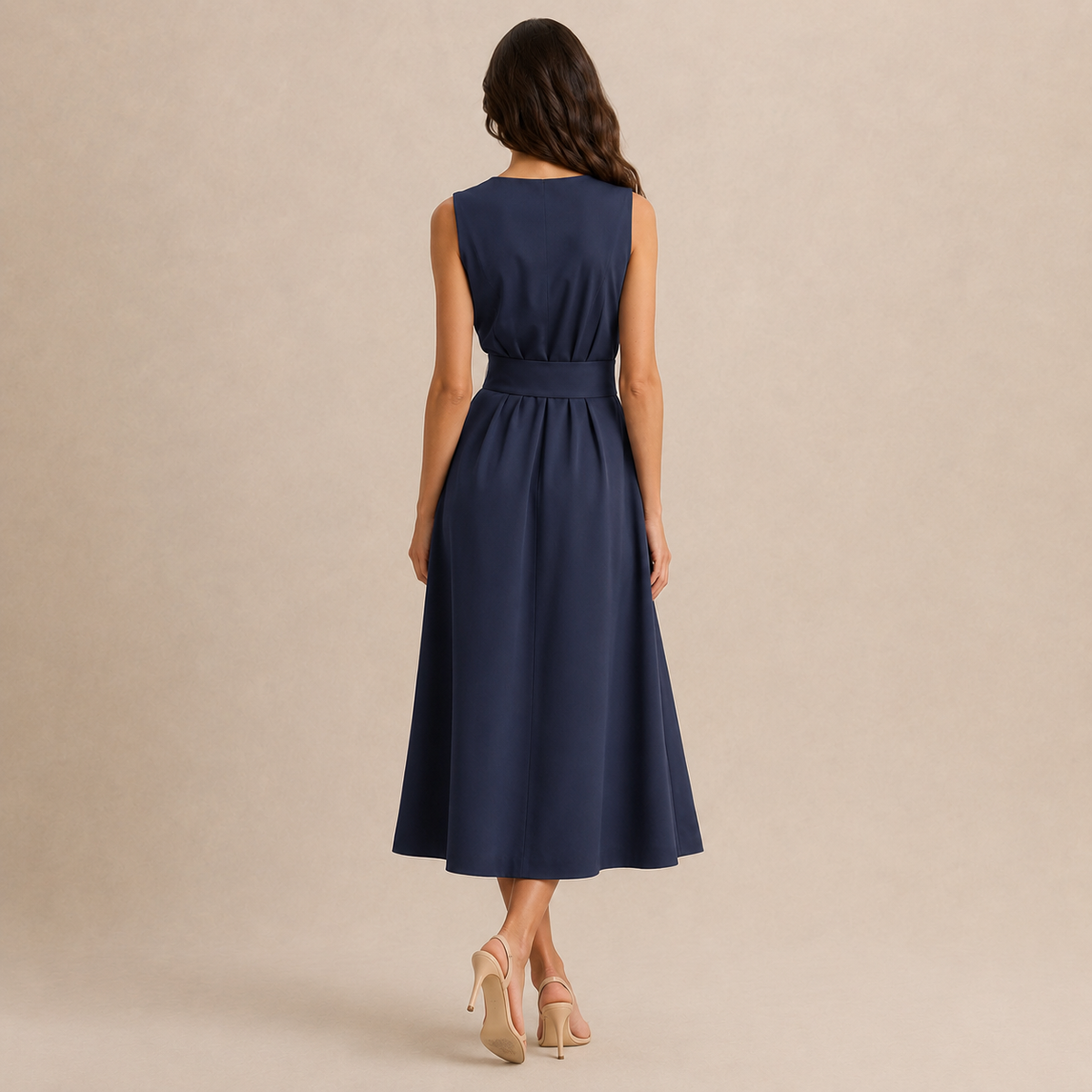 Round Neck Sleeveless Belted Pleated Fit and Flare Midi Dress 18
