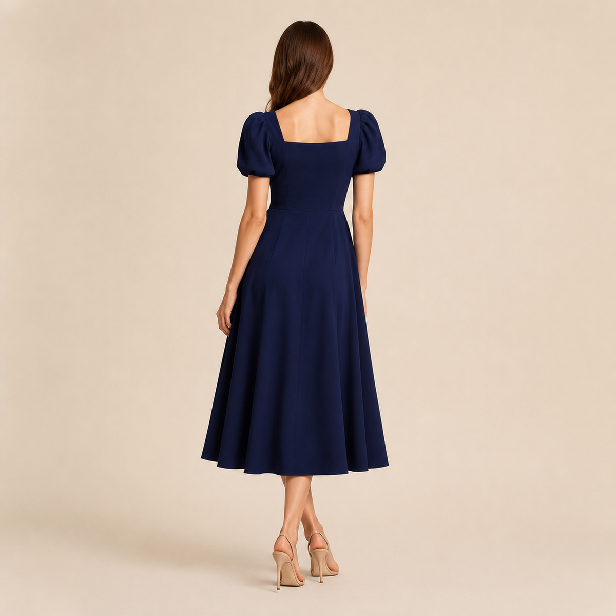 Square Neck Puff Sleeve Fit and Flare Midi Dress 15
