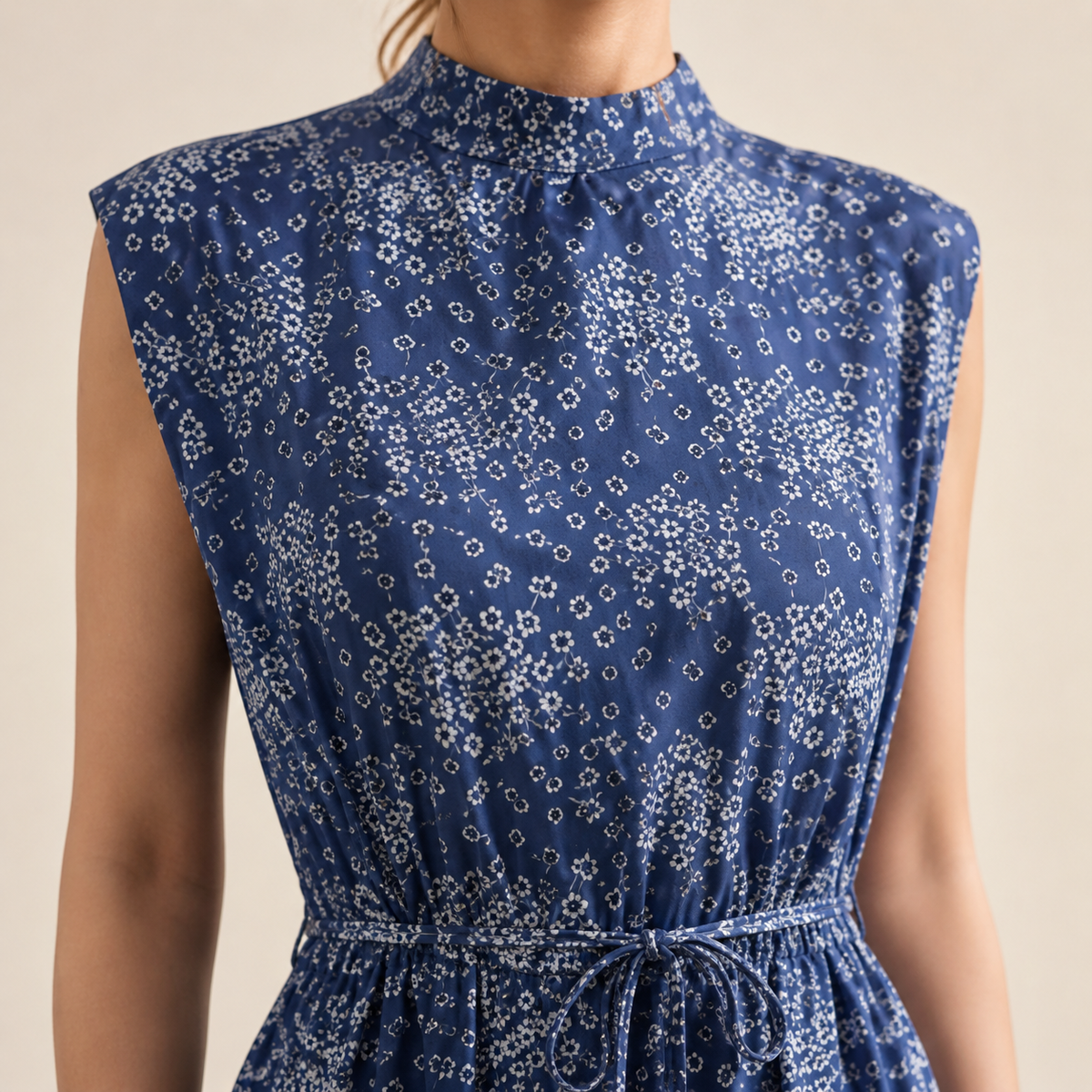 Mock Neck Sleeveless Tie Waist Jacquard Satin Midi Dress 8