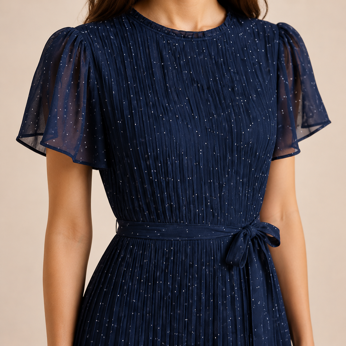 Crew Neck Flutter Sleeve Polka Dot Pleated Belted Midi Dress 2