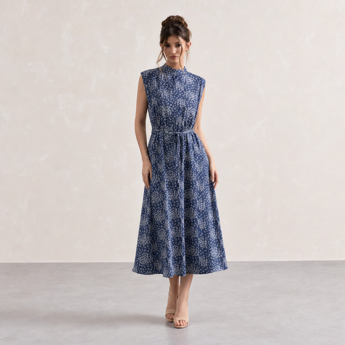 Mock Neck Sleeveless Tie Waist Jacquard Satin Midi Dress 7
