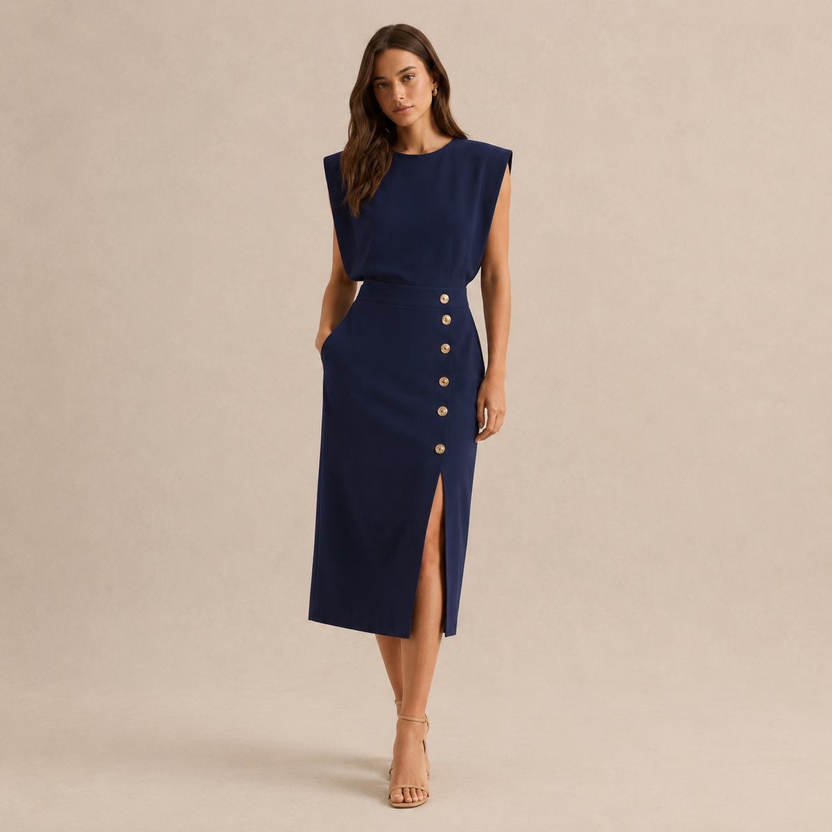 Round Neck Shoulder Pad Button Front Split Midi Dress 13