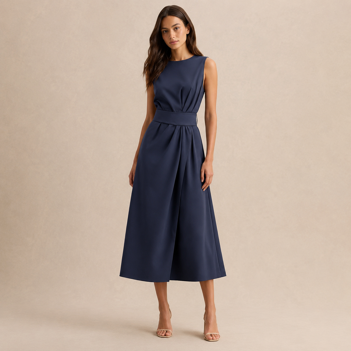 Round Neck Sleeveless Belted Pleated Fit and Flare Midi Dress 16