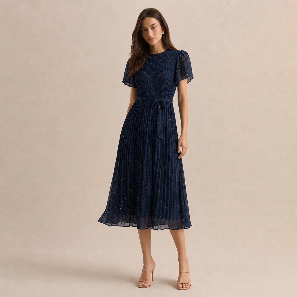 Crew Neck Flutter Sleeve Polka Dot Pleated Belted Midi Dress
