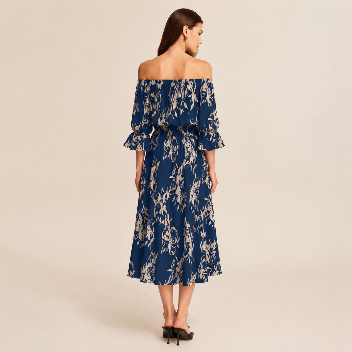 Floral Off Shoulder Bell Sleeve A-Line Midi Dress 12