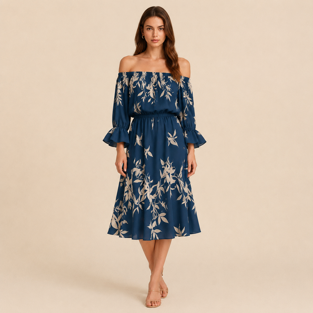 Floral Off Shoulder Bell Sleeve A-Line Midi Dress 10