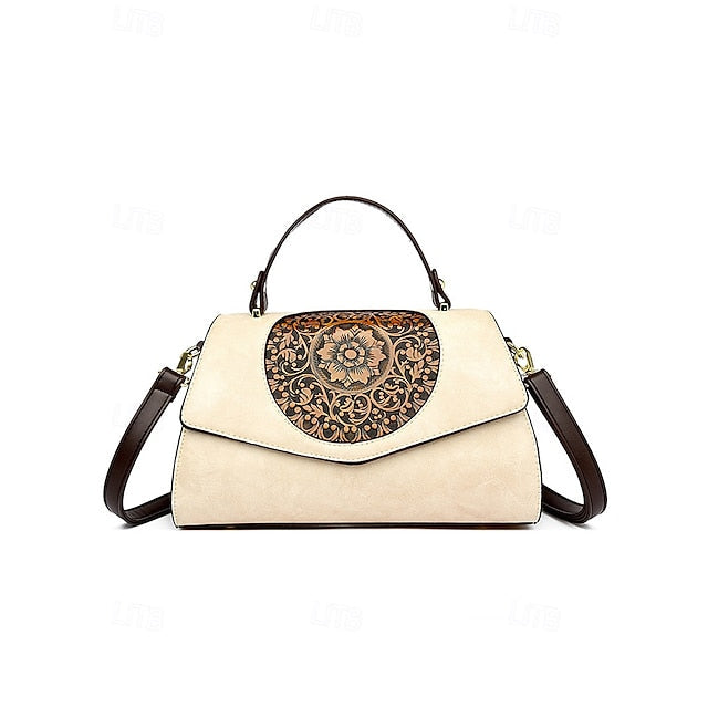 Floral Faux Vintage Engraved Handbag Leather