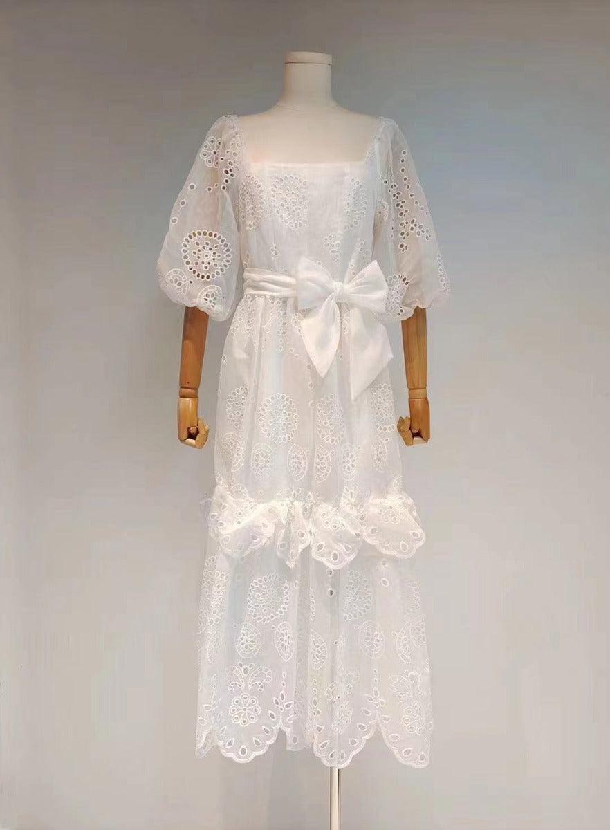 Embroidered Square Neck Puff Sleeve Tiered Midi Dress