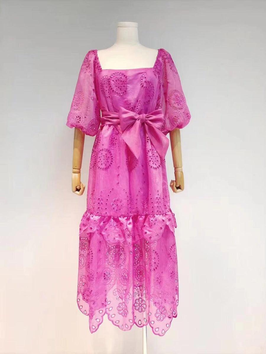 Embroidered Square Neck Puff Sleeve Tiered Midi Dress