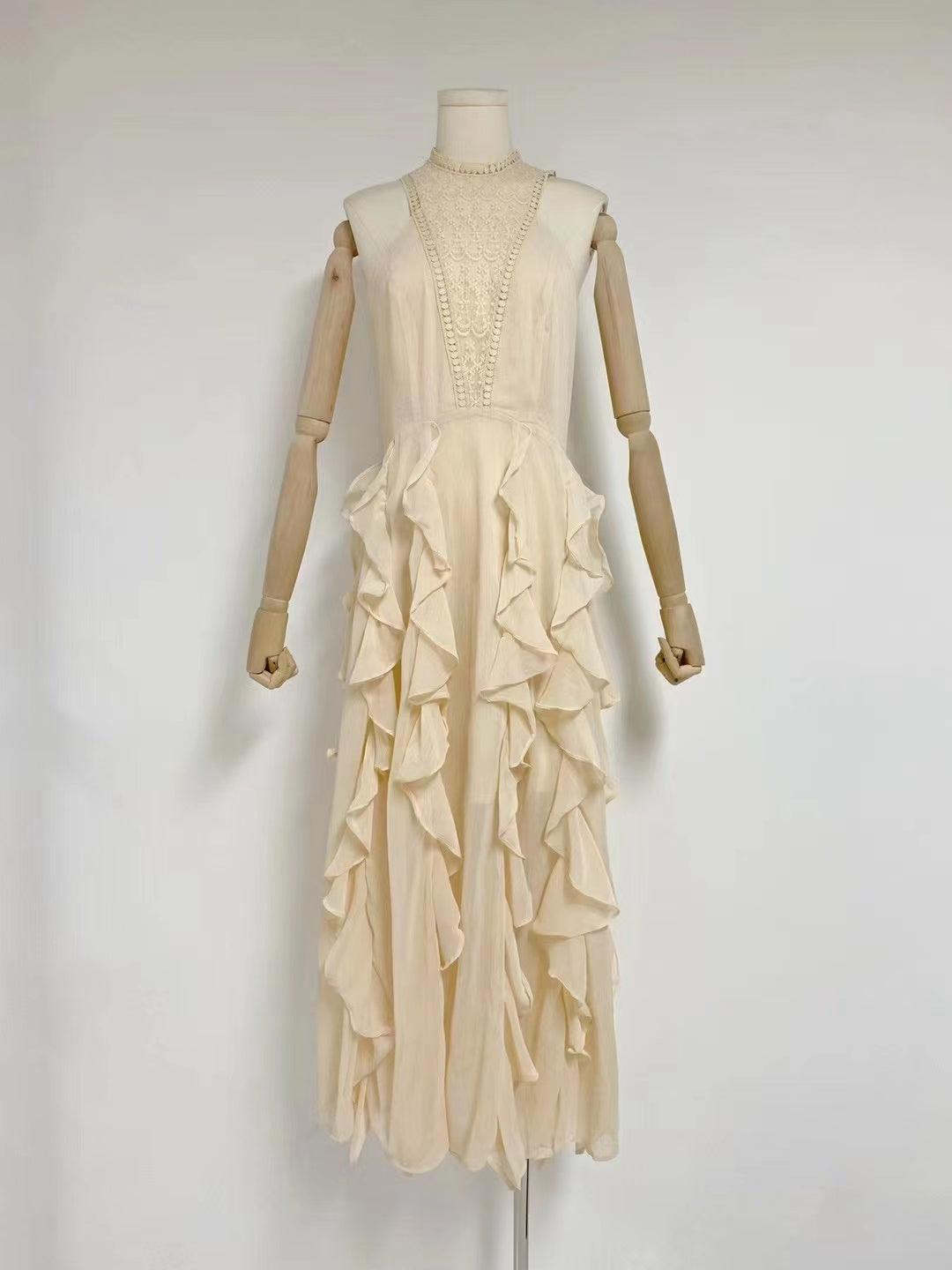 Lace Panel Halter Neck Tiered Ruffle Maxi Gown