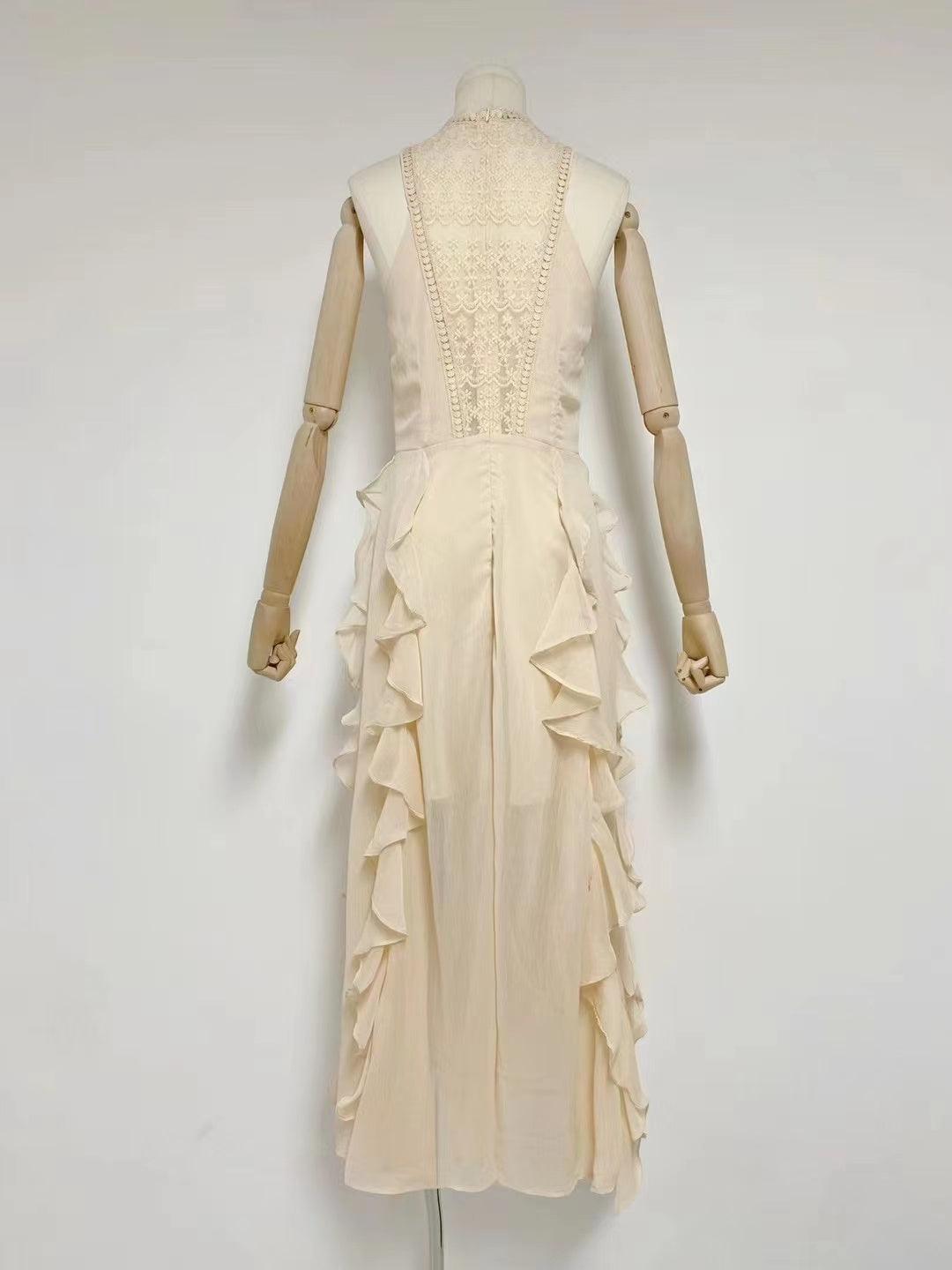 Lace Panel Halter Neck Tiered Ruffle Maxi Gown