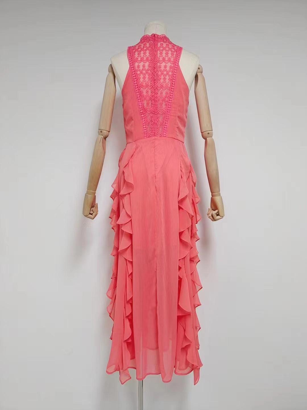 Lace Panel Halter Neck Tiered Ruffle Maxi Gown