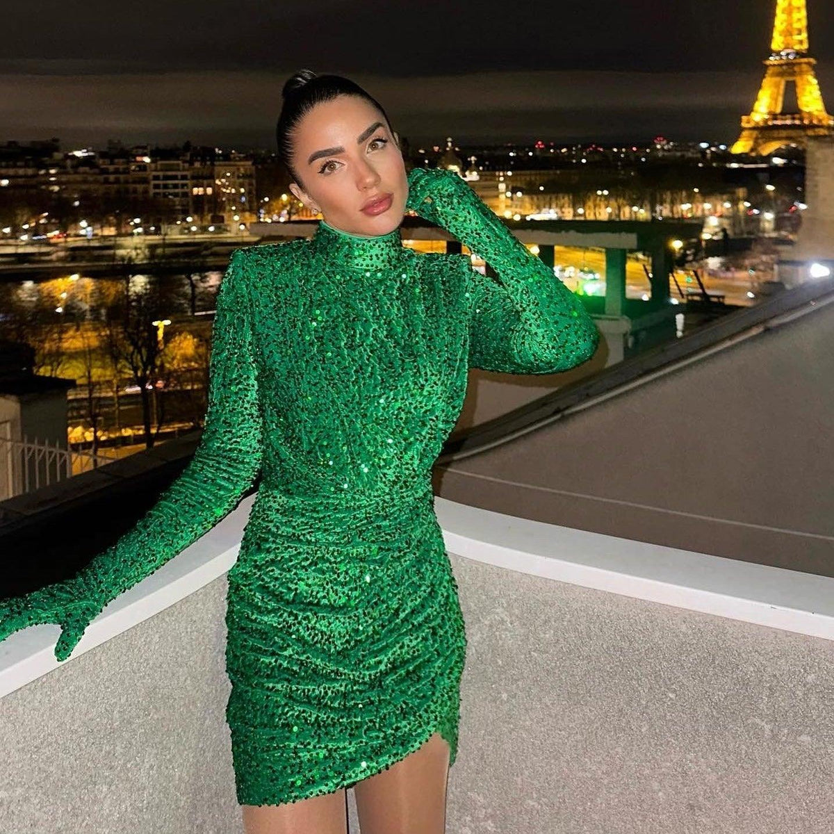 Sequin High-Neck Long-Sleeve Glove-Cuff Ruched Mini Dress 13
