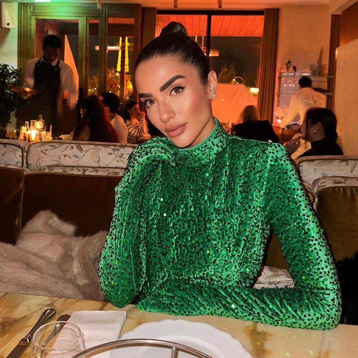 Sequin High-Neck Long-Sleeve Glove-Cuff Ruched Mini Dress 12