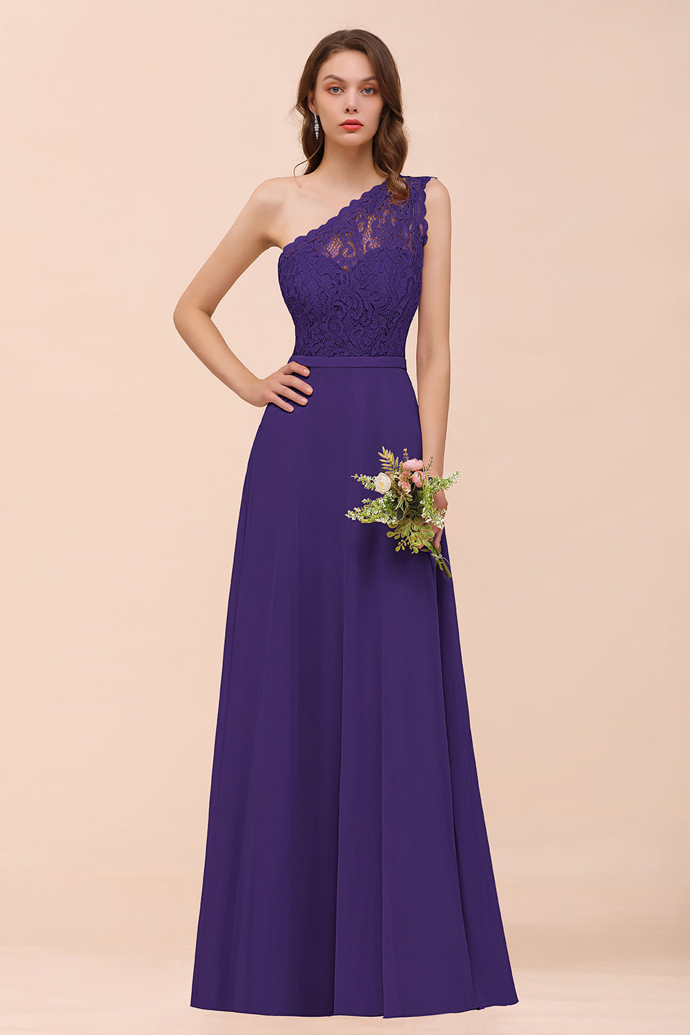 New Arrival Dusty Rose One Shoulder Lace Long Bridesmaid Dresses - Fashionpara