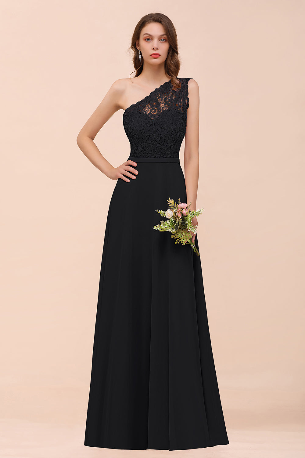 New Arrival Dusty Rose One Shoulder Lace Long Bridesmaid Dresses - Fashionpara