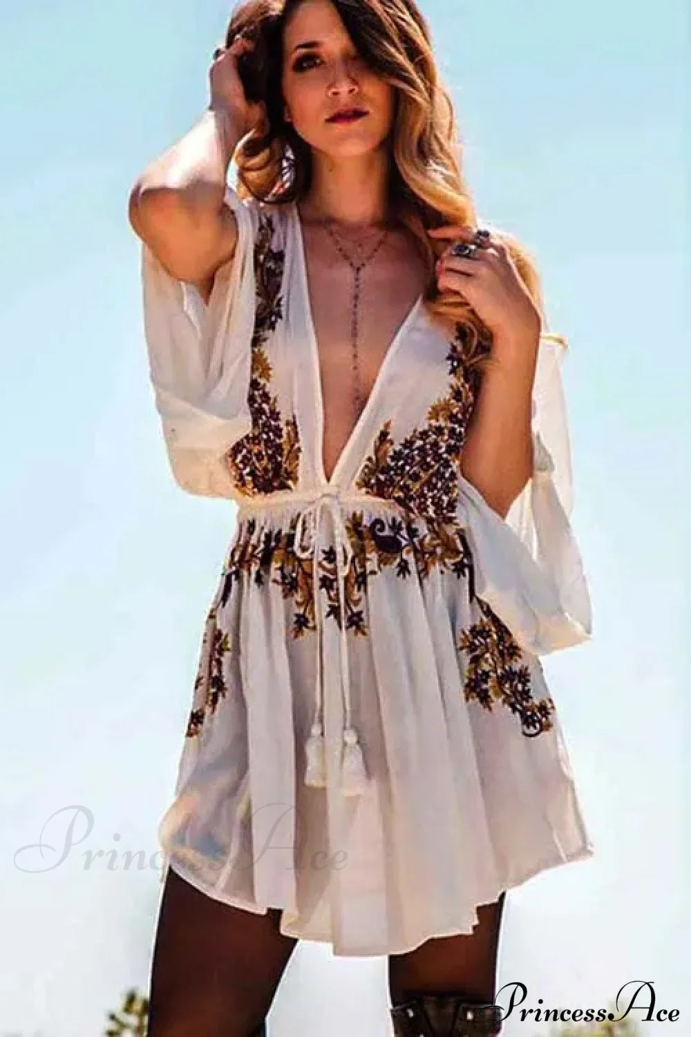 New Floral Embroidery Boho Dress Sexy Beach Dress Deep V-neck Mini Party