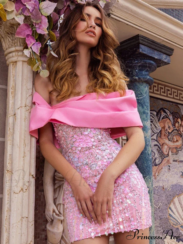 New Sexy Off Shoulder Sequins Pink Slash Neck Sparkly Elegant Christmas Party Dress