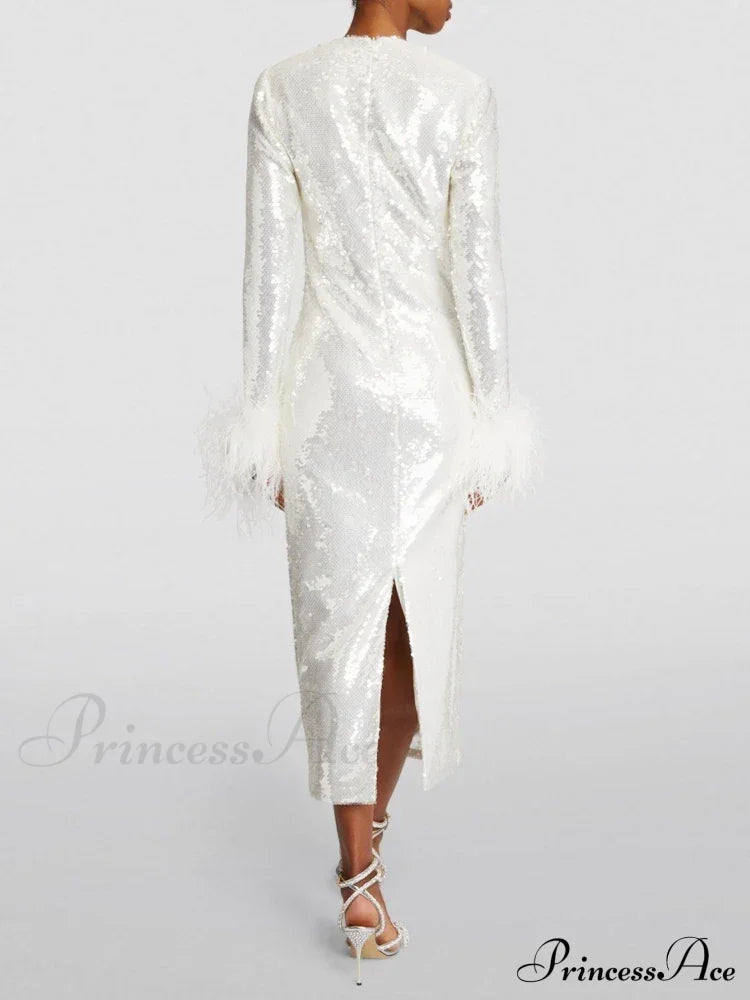 New Women O Neck Long Sleeve Luxury Sequin Feather Christmas Party Dress