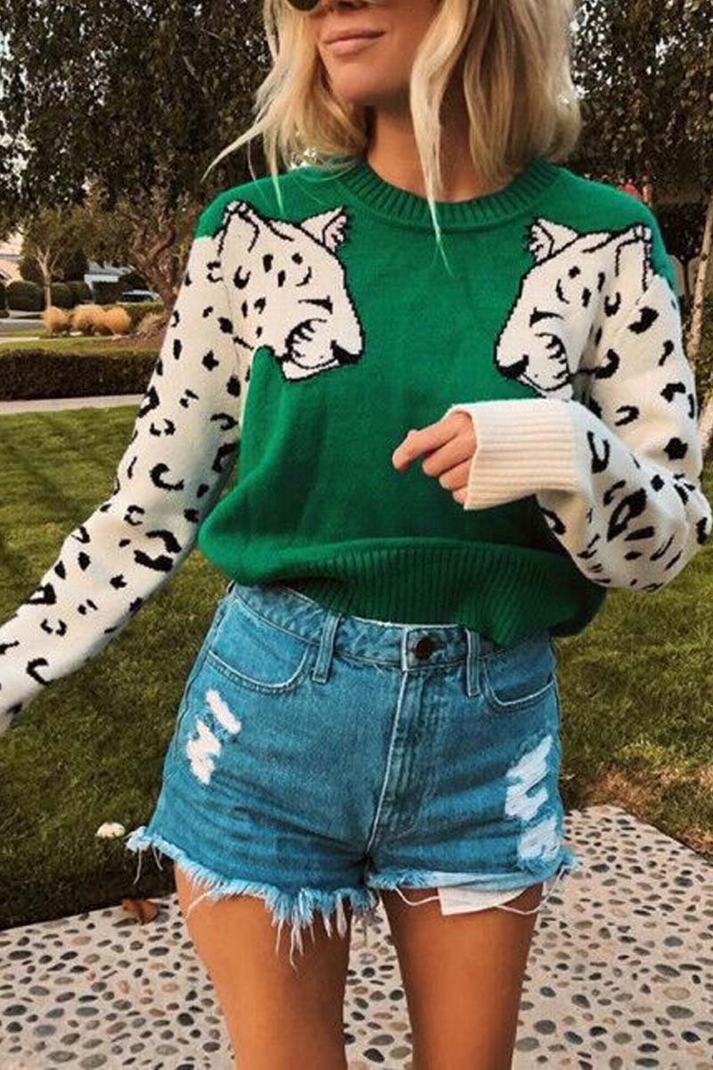 Florcoo Elegant Snow Leopard Knit Sweater for Stylish Comfort