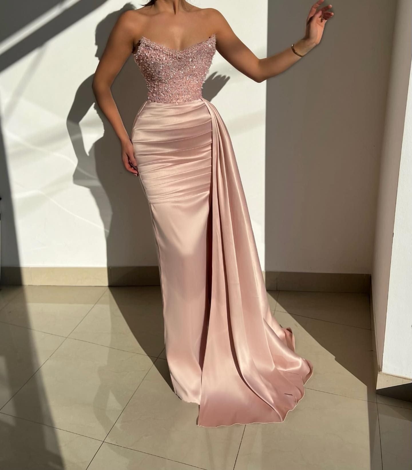 Newinlook  Dusty Pink Mermaid Prom Dress Long Sweetheart With Ruffles - Fashionpara