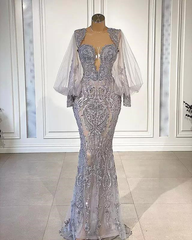 Newinlook Silver Long Sleeves Mermaid Evening Dress With Appliques - Fashionpara
