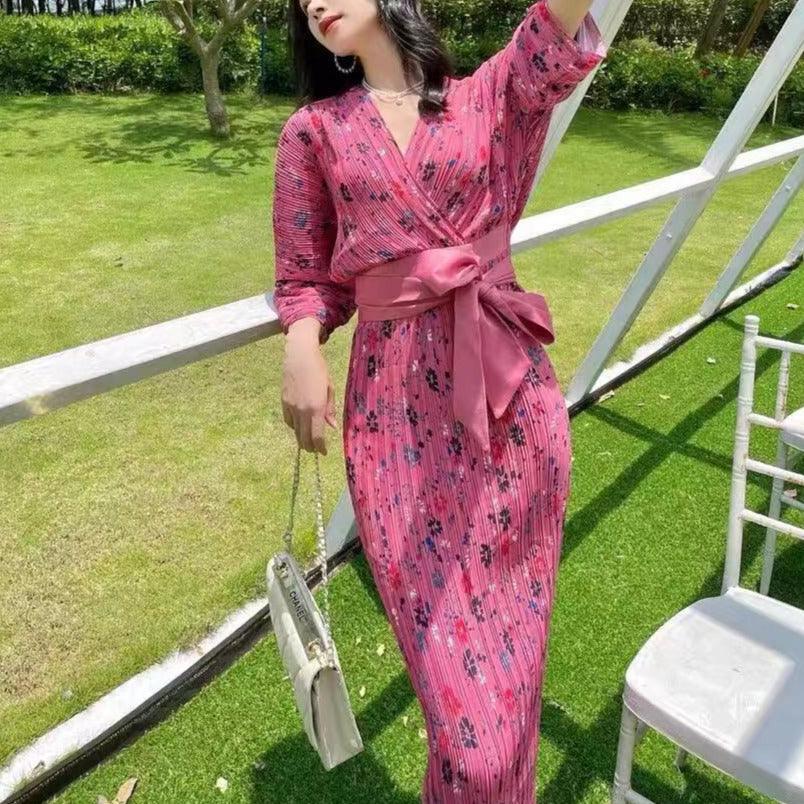 Floral Print Pleated V-Neck Belted Wrap Maxi Dress
