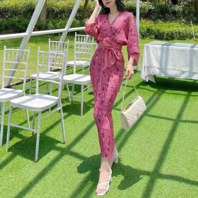 Floral Print Pleated V-Neck Belted Wrap Maxi Dress
