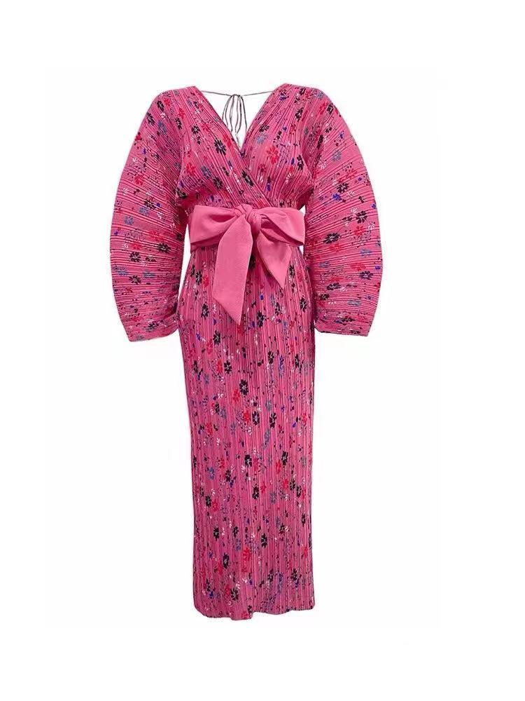 Floral Print Pleated V-Neck Belted Wrap Maxi Dress