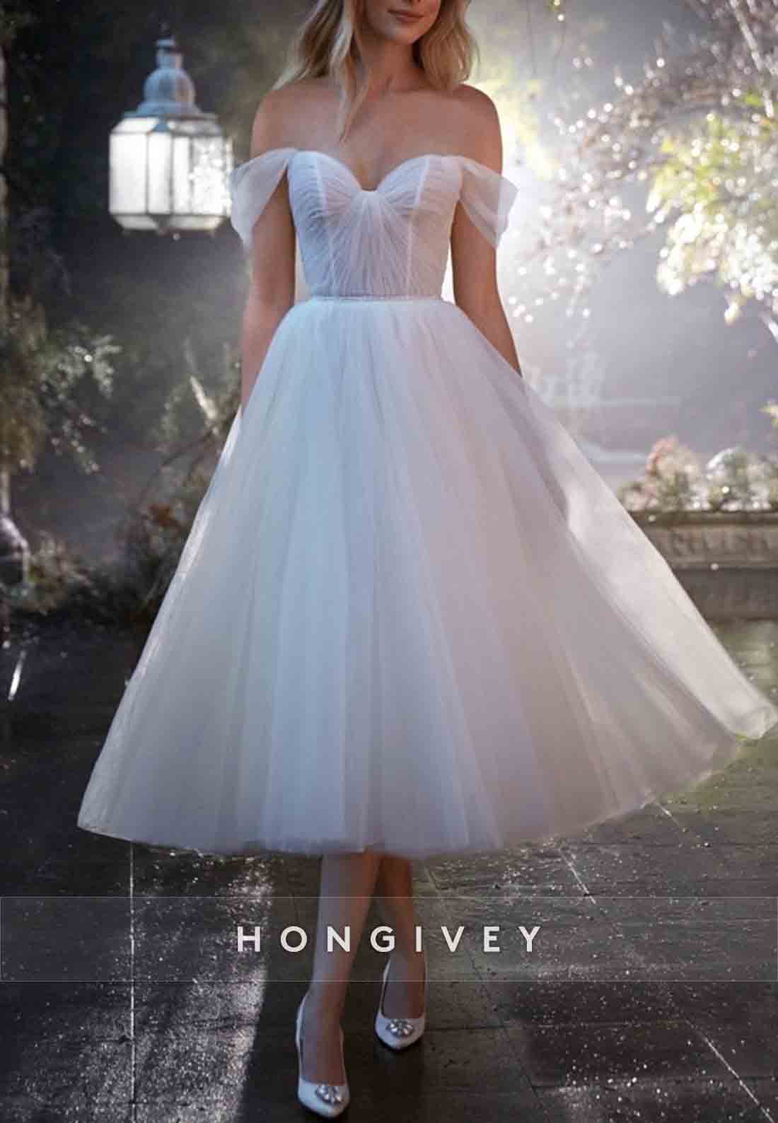Organza Off the Shoulder Tea-Length Sweetheart Princess Wedding Dresses