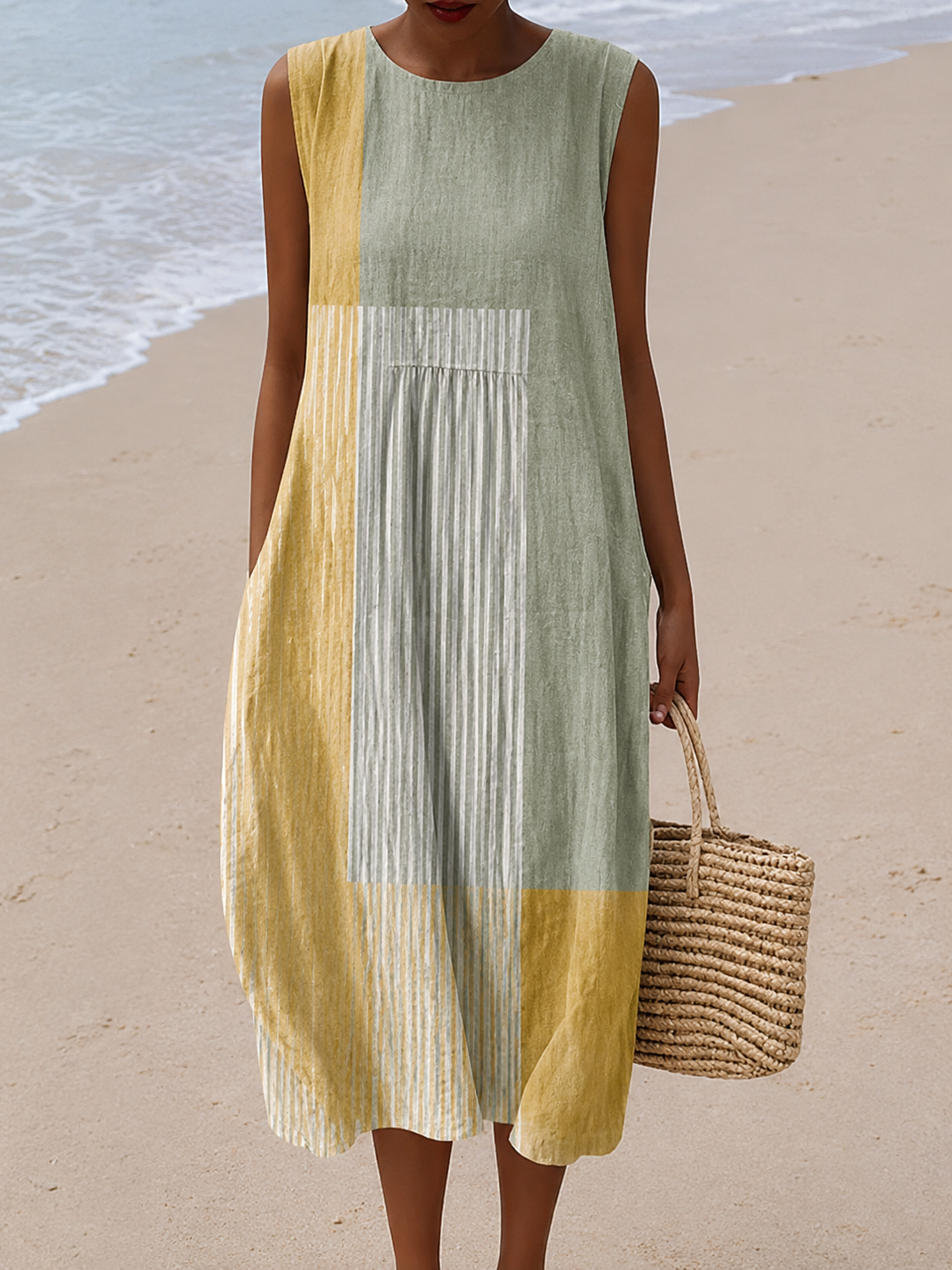 Crew Neck Sleeveless Geometric Colorblock Midi Dress
