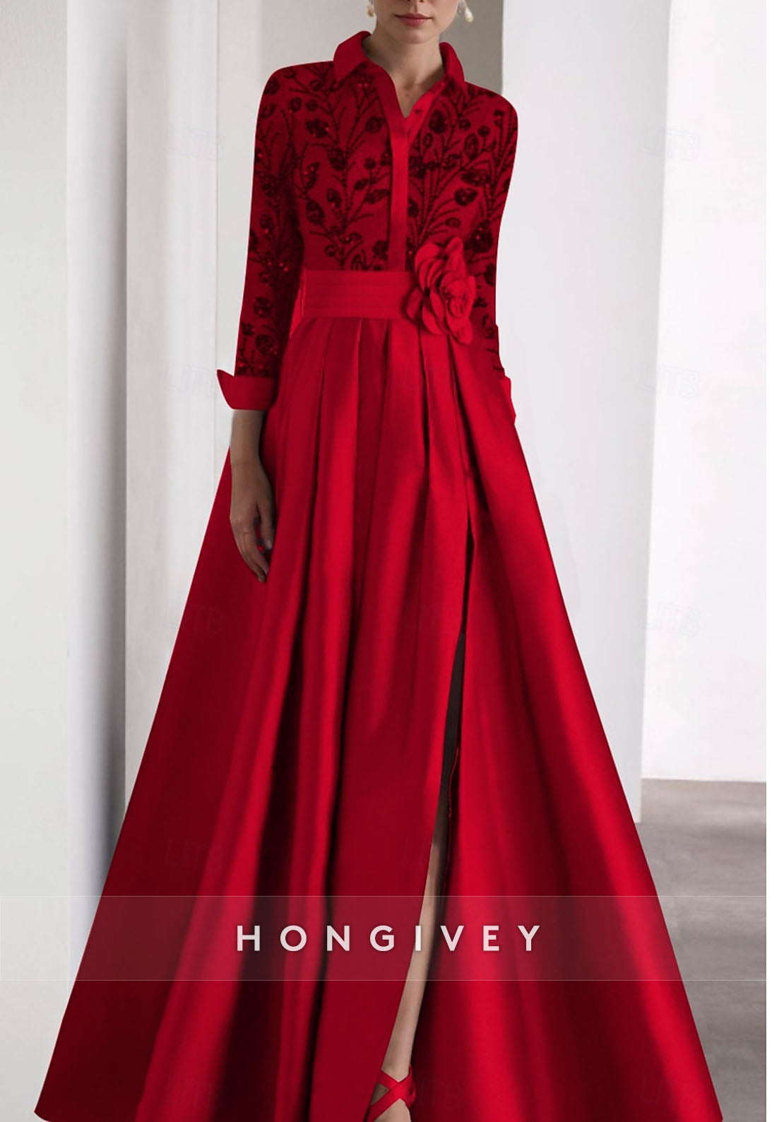 Pleated Long Sleeve Satin Waistband Flower Illusion Neck Beading Evening Gown