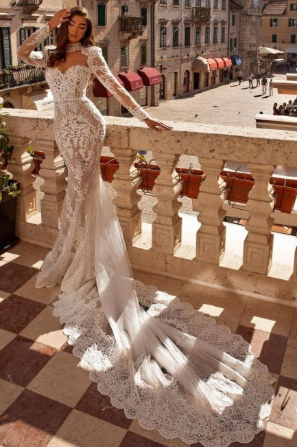 Exquisite High Neck Long Sleeves Mermaid Lace Bridal Gown - Fashionpara