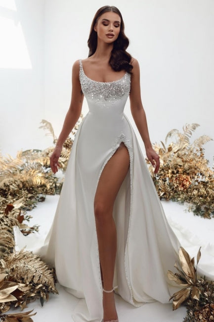 Noble Square Neck Sleeveless A-Line Satin Wedding Gown with Pearls - Fashionpara
