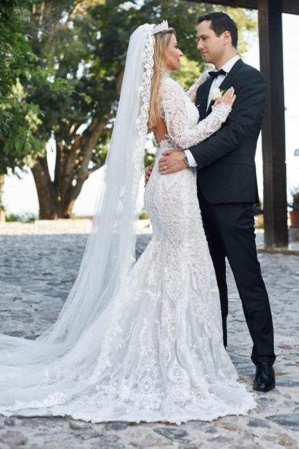 Regal V-Neck Long Sleeves Mermaid Lace Bridal Gown - Fashionpara