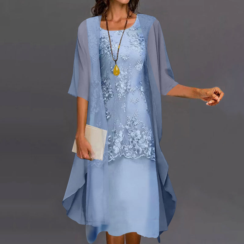 Floral Lace Round Neck Chiffon Jacket Two Piece Midi Dress