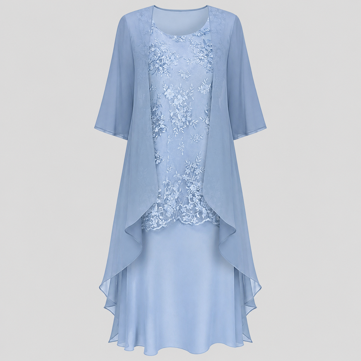 Lace Bodice Chiffon Two Piece Jacket Midi Dress 2